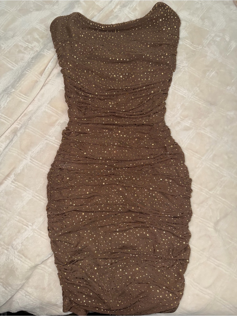 Fashion Nova Brown Strapless Ruched Dress with Gold Dot Accents